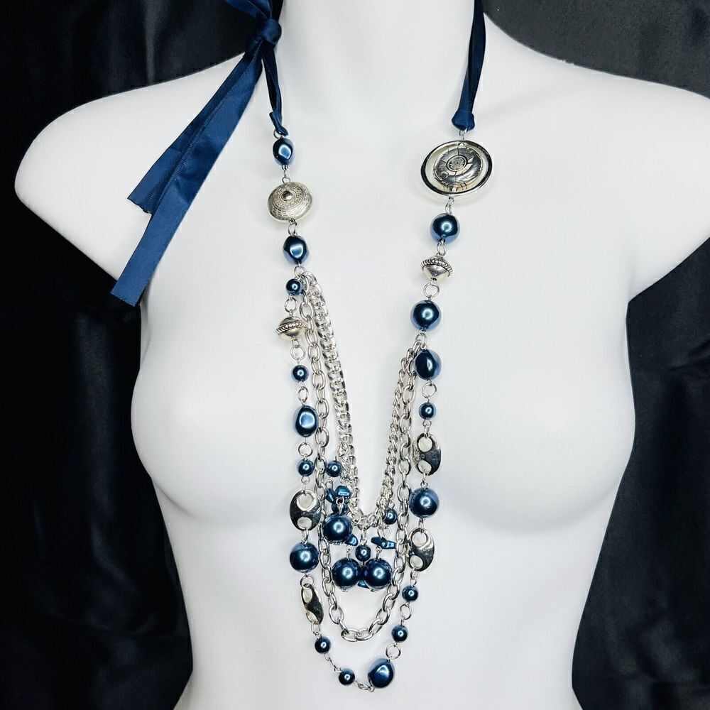 Silver Blue Faux Pearl Beaded Layered Ribbon Tie Bib Nautical Necklace NICE 4045